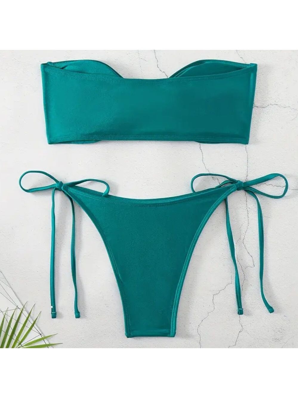 Green Bandeau High Cut Tie Side Bikini Set - Picture 2 of 7